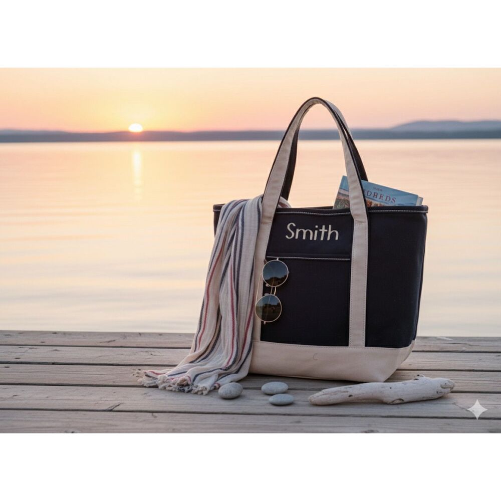 Lands End Natural & Black Embroidered SMITH Medium Carry All Tote w Zip Closure